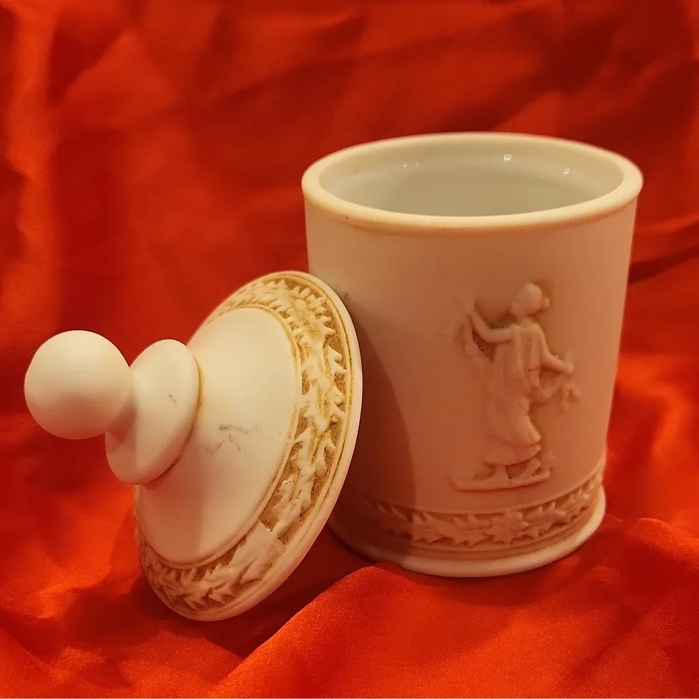 Vintage Neoclassical Bisque Porcelain Lidded Jar Greek Figures Cameo Relief